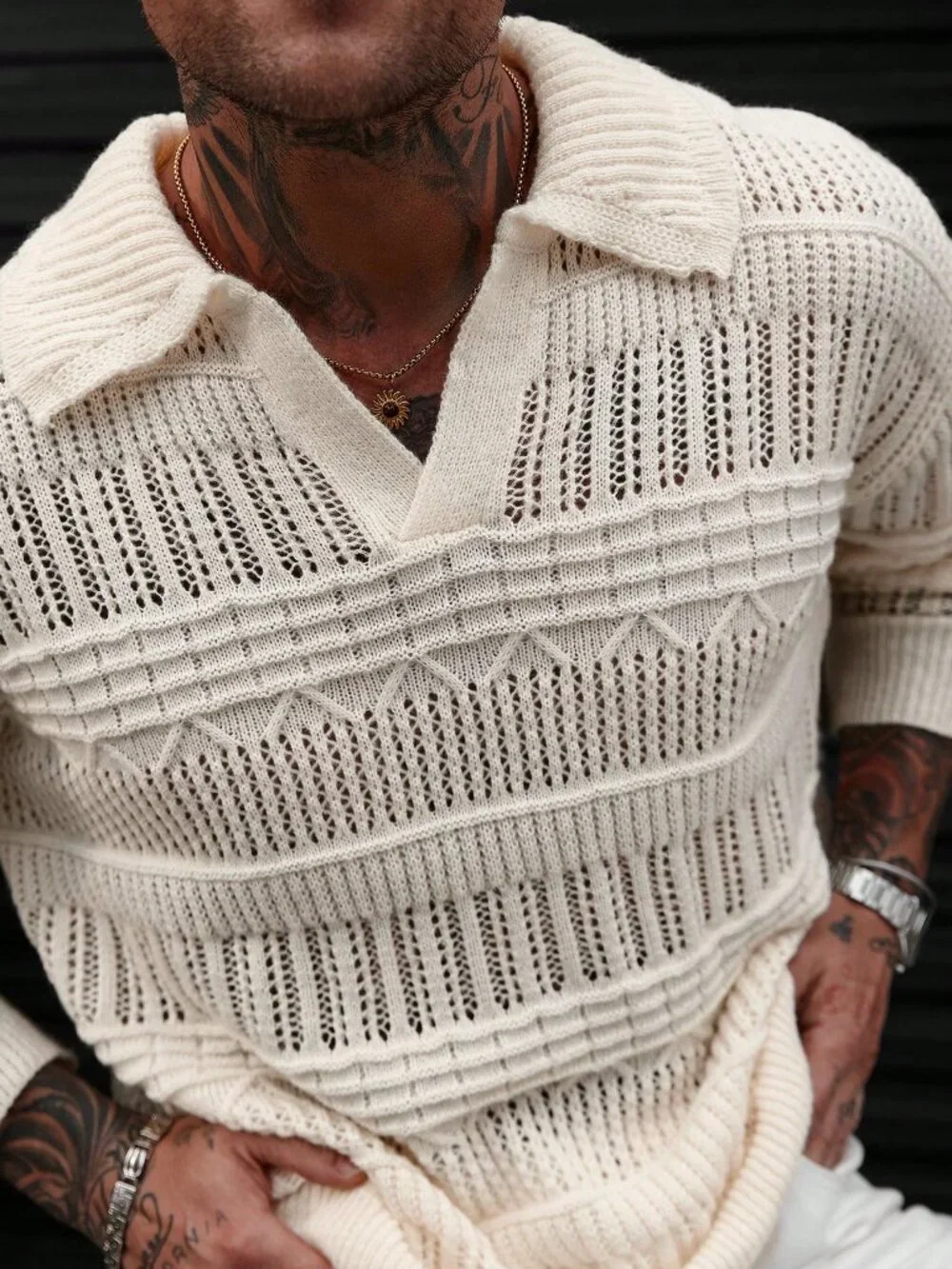 Multicolor Casual Men's Loose Drop Sleeve Rib-Knit Hollow Out Sweater